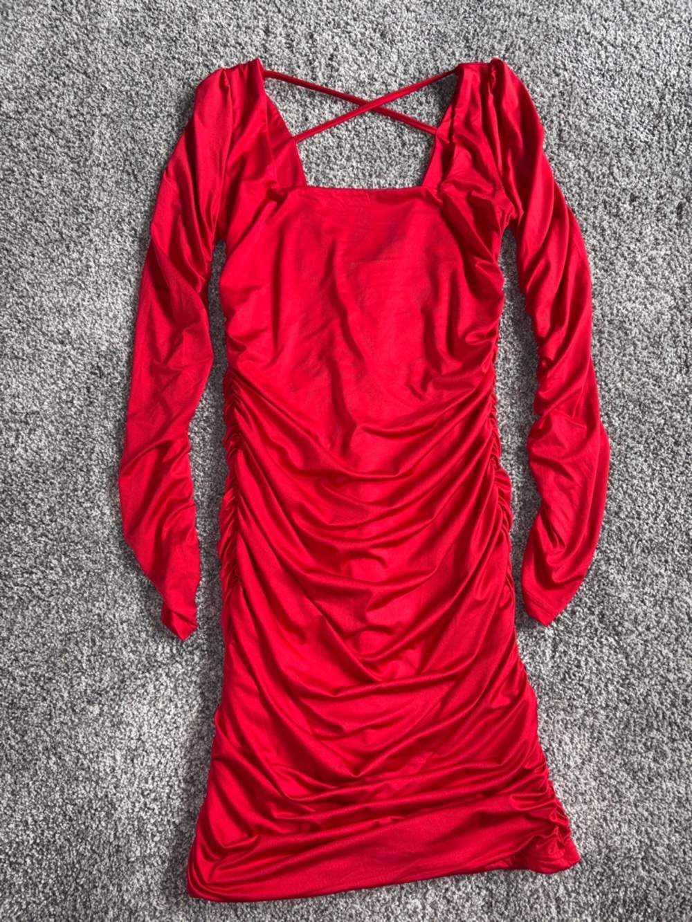 Red Ruched Long Sleeve Dress